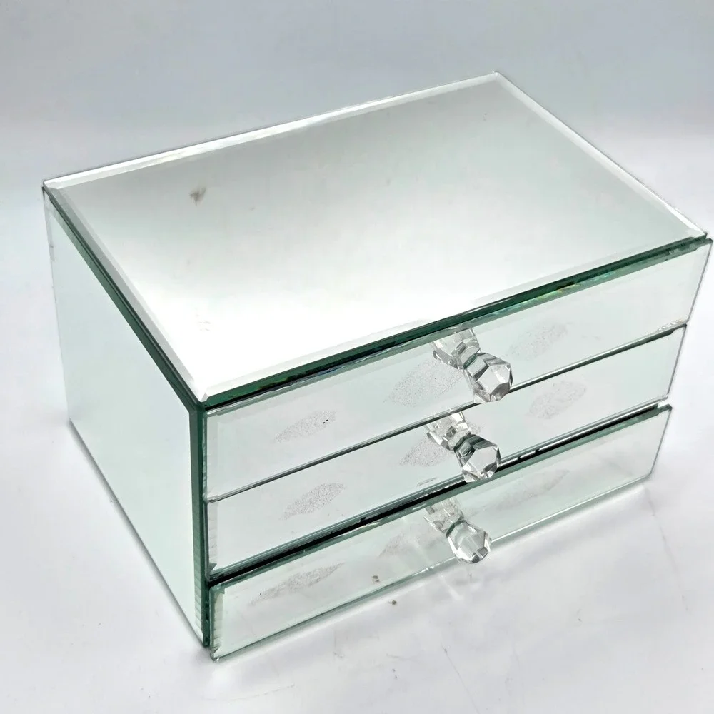Mirrored Glass Jewelry Box 3 Drawer Black Velvet Lined 9x6x5.5